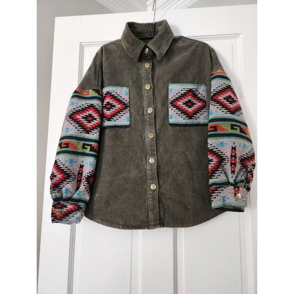 ARMY GREEN Cordoroy Winter Jacket w/Tribal Print Sz S - Picture 4 of 8